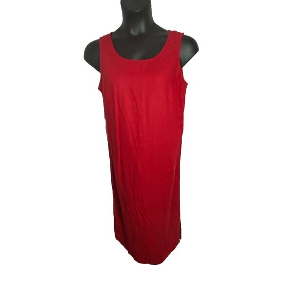 Halmode Petite Red Linen Rayon Maxi Size 14 Sleeveless Dress Side Slit - Picture 9 of 13